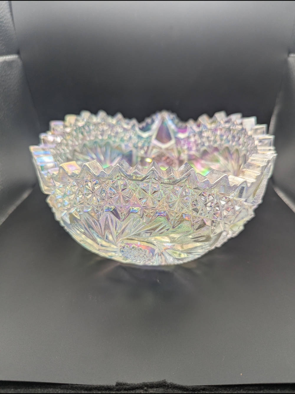 L.E. Smith Iridescent Hobstar Cut Glass Decorative Bowl - Multicolor Accent